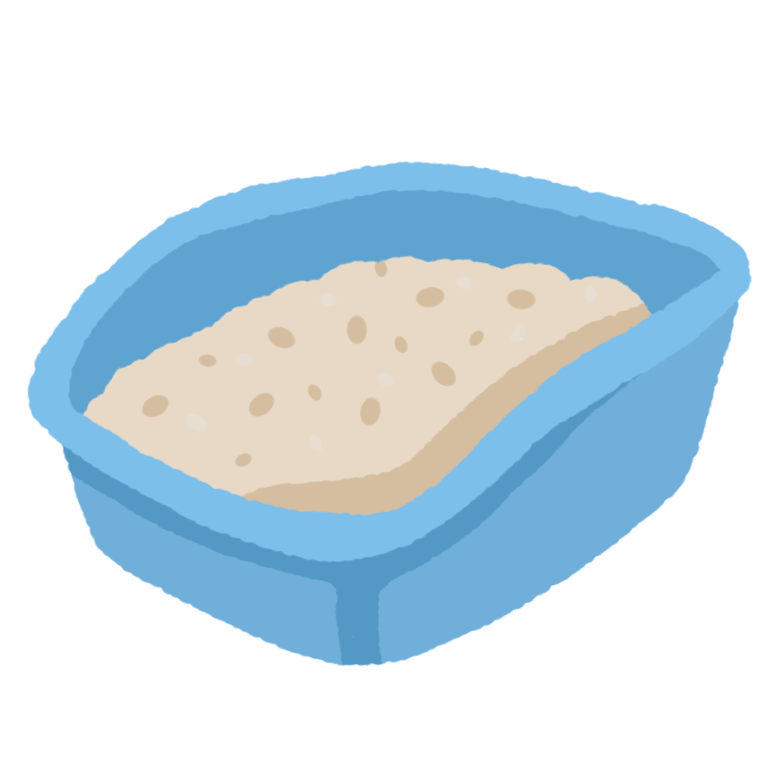 A blue simple litter box with light beige litter with specks of darker and lighter colours